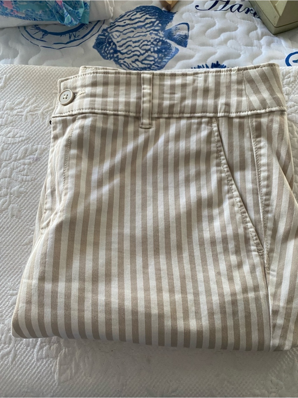 LOFT Beige and White Striped Bermuda Shorts
